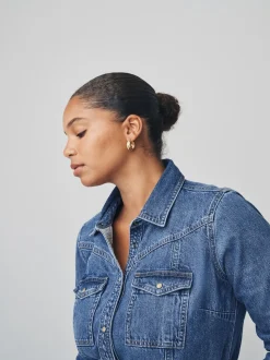 bleu foncé - Robe chemise mi-longue en Denim à buste plus ample