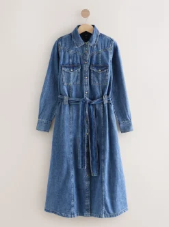 bleu foncé - Robe chemise mi-longue en Denim à buste plus ample