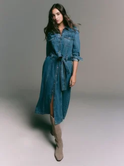 bleu foncé - Robe chemise mi-longue en jean