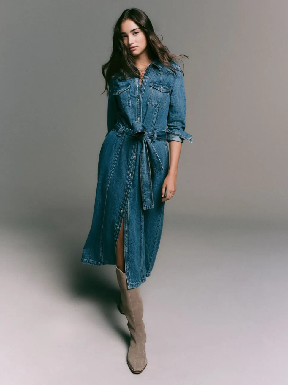 bleu foncé - Robe chemise mi-longue en jean