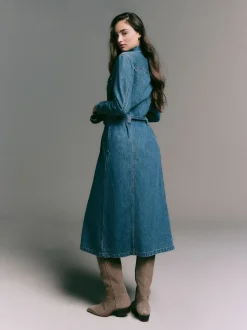 bleu foncé - Robe chemise mi-longue en jean