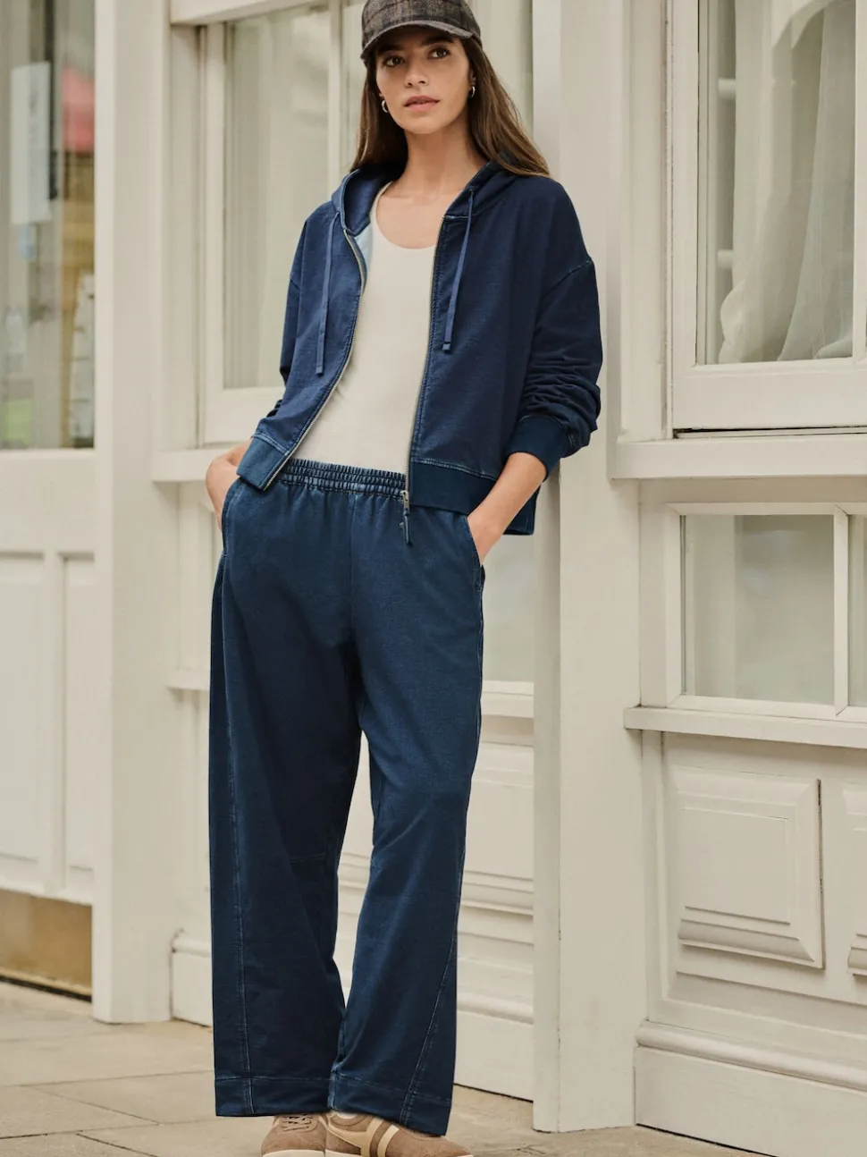 bleu foncé - Sweat à capuche zippé en jersey Denim