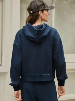 bleu foncé - Sweat à capuche zippé en jersey Denim