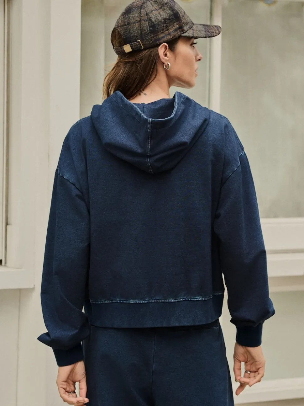 bleu foncé - Sweat à capuche zippé en jersey Denim