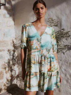 Bleu imprimé maison - Robe courte boutonnée à manches courtes à volants en lin