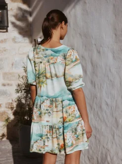 Bleu imprimé maison - Robe courte boutonnée à manches courtes à volants en lin