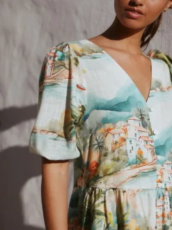 Bleu imprimé maison - Robe courte boutonnée à manches courtes à volants en lin