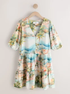 Bleu imprimé maison - Robe courte boutonnée à manches courtes à volants en lin
