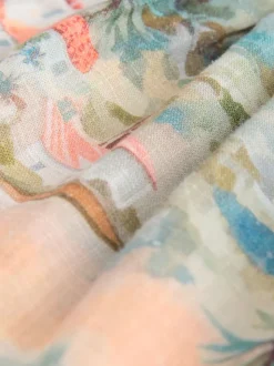 Bleu imprimé maison - Robe courte boutonnée à manches courtes à volants en lin