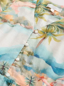 Bleu imprimé maison - Robe courte boutonnée à manches courtes à volants en lin