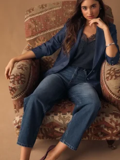 Bleu marine - Blazer ajusté à simple boutonnage look Denim