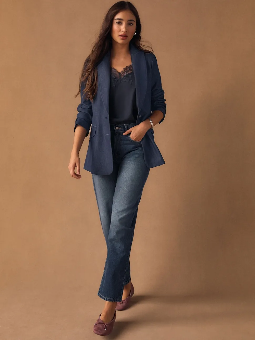 Bleu marine - Blazer ajusté à simple boutonnage look Denim
