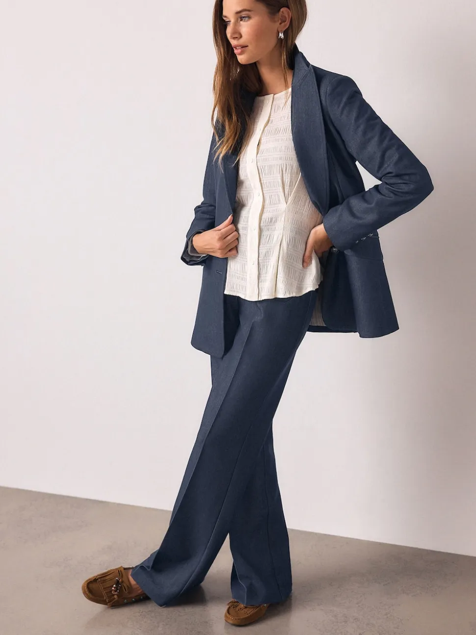 Bleu marine - Blazer ajusté à simple boutonnage look Denim
