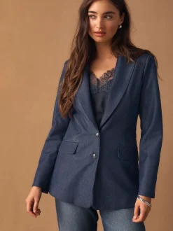 Bleu marine - Blazer ajusté à simple boutonnage look Denim