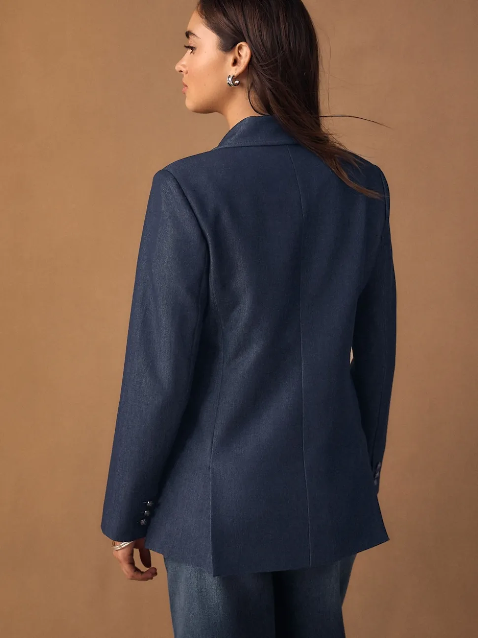 Bleu marine - Blazer ajusté à simple boutonnage look Denim