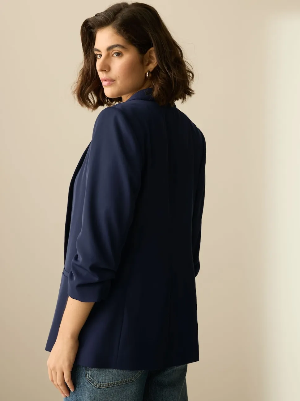 Bleu marine - Blazer décontracté à manches froncées