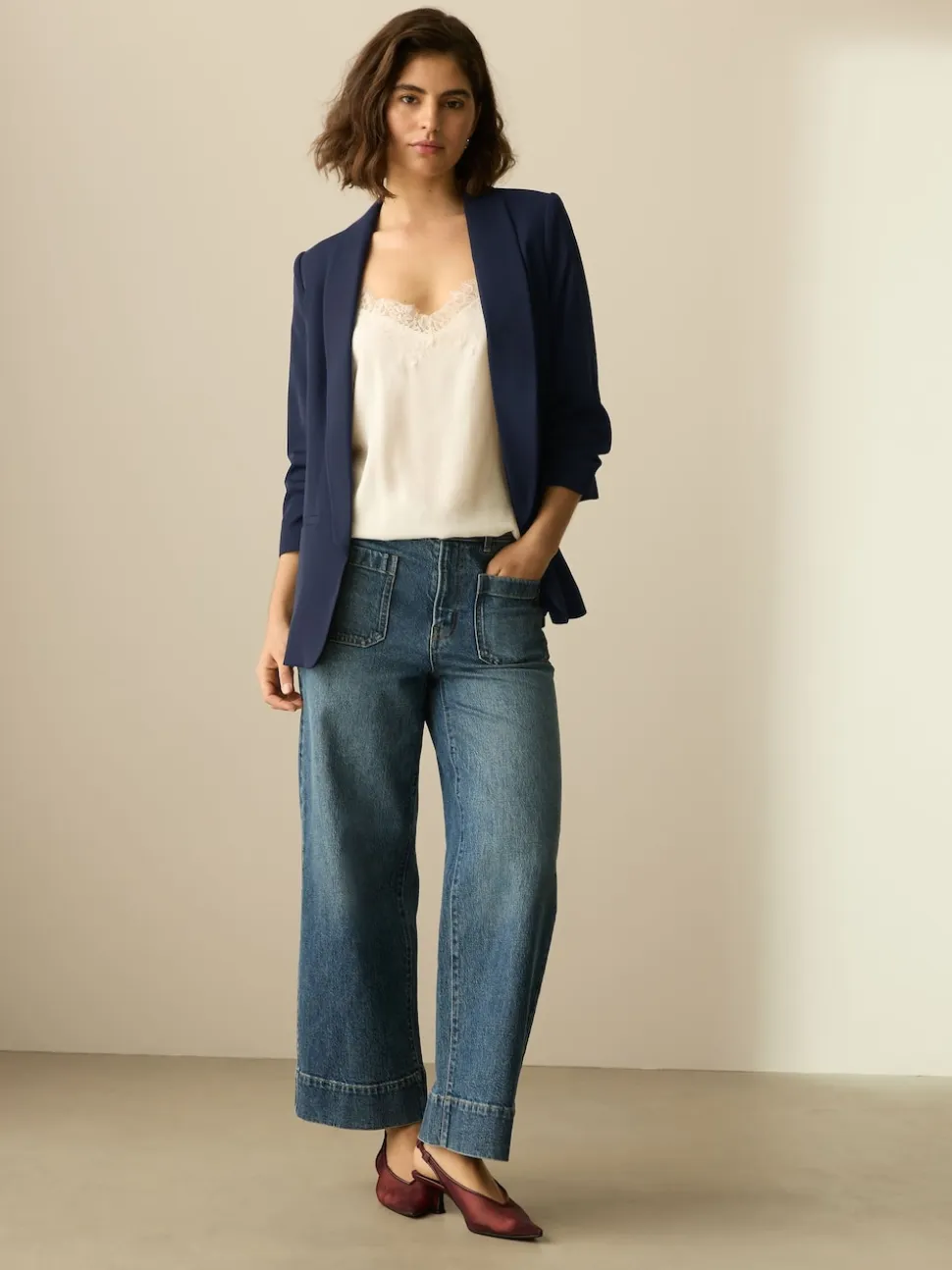 Bleu marine - Blazer décontracté à manches froncées