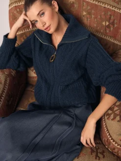 Bleu marine - Cardigan à col zippé en maille surpiquée