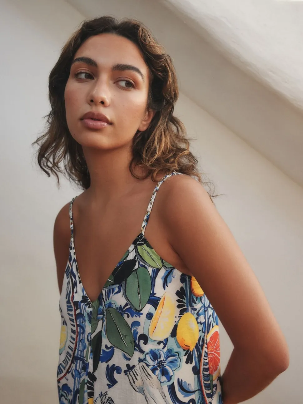 Bleu marine à fleurs - Robe longue Imprimé fruits volume