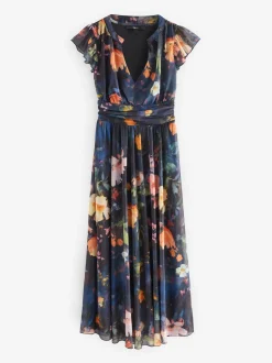 Bleu marine à fleurs - Robe longue Grande occasion à col en V Imprimé en maille Plissé