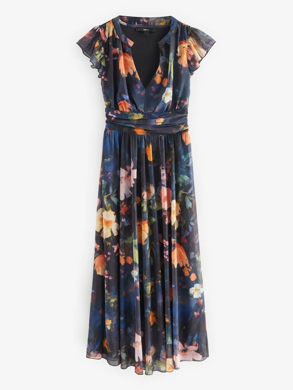 Bleu marine à fleurs - Robe longue Grande occasion à col en V Imprimé en maille Plissé