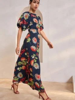 Bleu marine à fleurs - Robe mi-longue imprimée à manches bouffantes