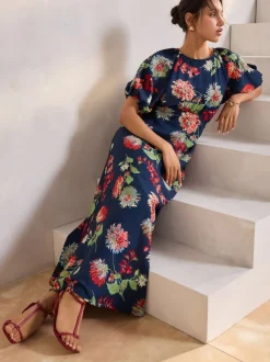 Bleu marine à fleurs - Robe mi-longue imprimée à manches bouffantes