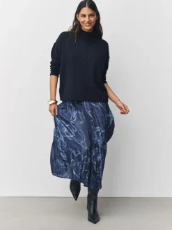 Bleu marine à imprimé nautique - Pull 2-en-1 en maille avec jupe mi-longue plissée