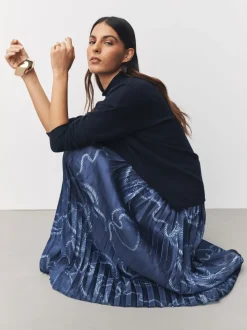Bleu marine à imprimé nautique - Pull 2-en-1 en maille avec jupe mi-longue plissée