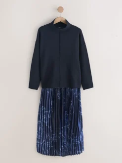 Bleu marine à imprimé nautique - Pull 2-en-1 en maille avec jupe mi-longue plissée