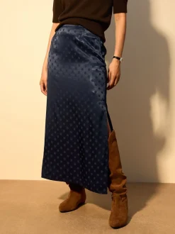 Bleu marine - Jupe en satin jacquard à pois