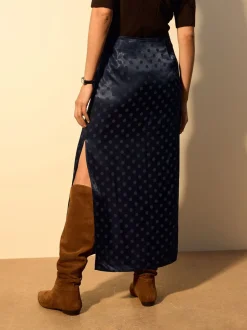 Bleu marine - Jupe en satin jacquard à pois