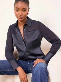 Bleu marine - Lipsy chemise en satin à manches longues en mousseline
