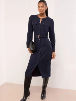 Bleu marine - Lipsy Robe chemise mi-longue boutonnée ceinturée à col mao