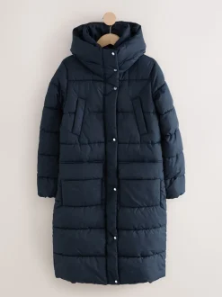 Bleu marine - Manteau long matelassé à capuche résistant à la douche
