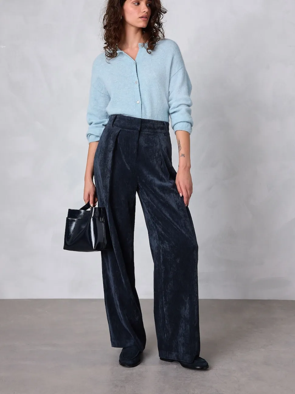 Bleu marine - Pantalon large en velours côtelé