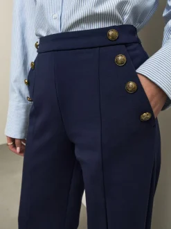 Bleu marine - Pantalon large en Ponte avec boutons dorés