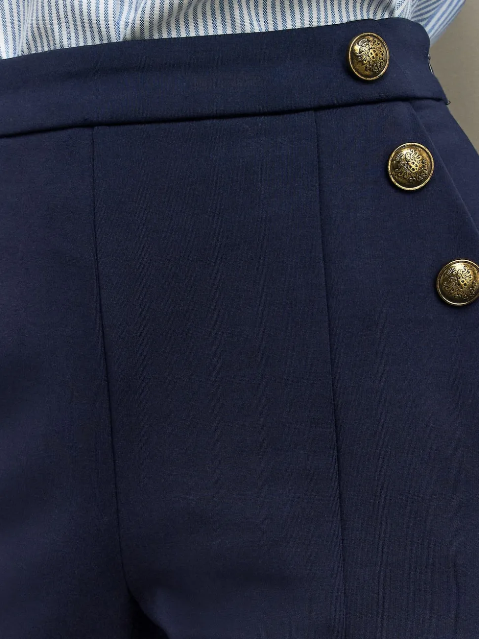 Bleu marine - Pantalon large en Ponte avec boutons dorés