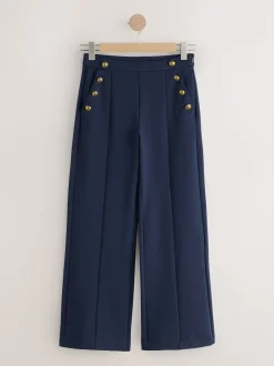 Bleu marine - Pantalon large en Ponte avec boutons dorés
