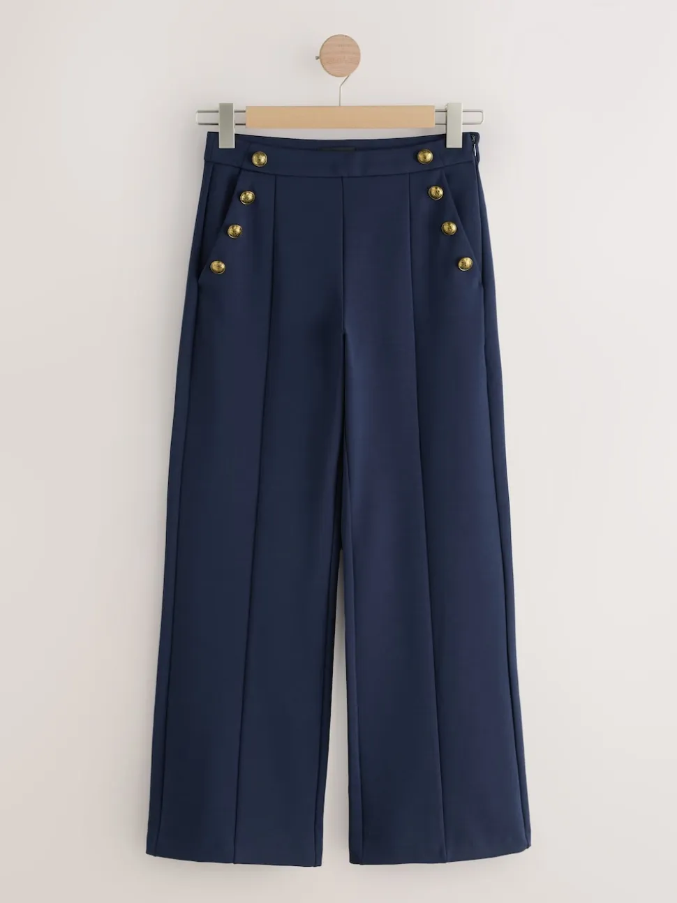 Bleu marine - Pantalon large en Ponte avec boutons dorés