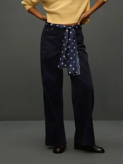 Bleu marine - Pantalons en velours côtelé à jambe large avec écharpe