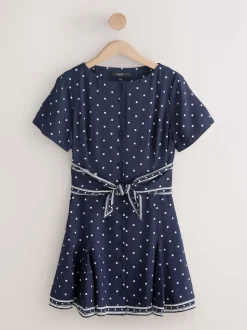 Bleu marine à poi - Robe mini-robe à taille nouée