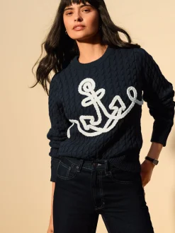Bleu marine - Pulls en maille à l’ancre en Blend de Coton avec détail en corde