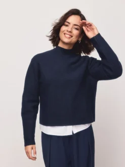 Bleu marine - Pulls ultra-doux à Col montant avec coutures
