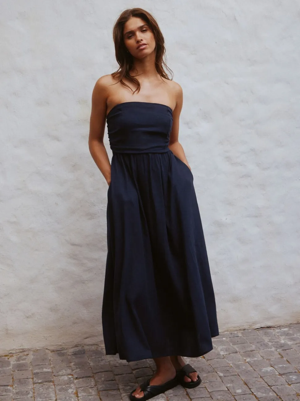 Bleu marine - Robe bandeau froncée Mi-long en lin