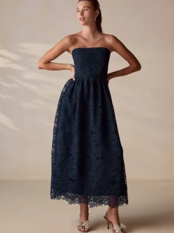 Bleu marine - Robe Bandeau mi-longue en dentelle