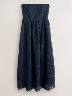 Bleu marine - Robe Bandeau mi-longue en dentelle