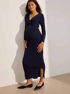Bleu marine - Robe pull de grossesse en maille torsadée sur le devant
