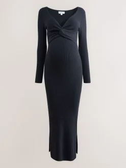 Bleu marine - Robe pull de grossesse en maille torsadée sur le devant