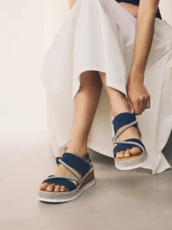 Bleu marine - Sandales compensées de sport à bride arrière en cuir